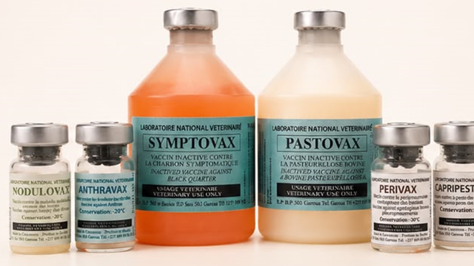 La gamme complète des vaccins du LANAVET : NODULOVAX, ANTHRAVAX, SYMPTOVAX, PASTOVAX, PERIVAX et CAPRIPESTOVAX